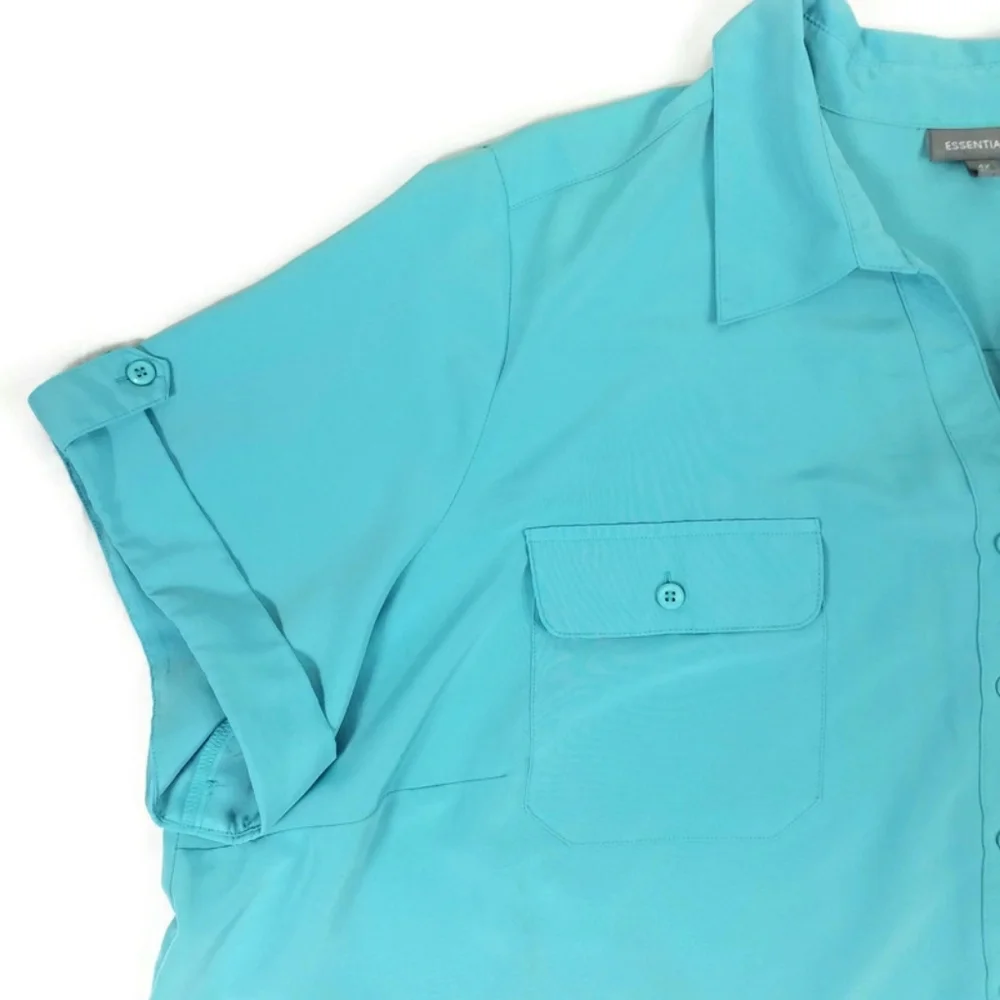Essentials Blue Button Front Short Cuffed Sleeve Career Blouse Womens 4X - Picture 6 of 13